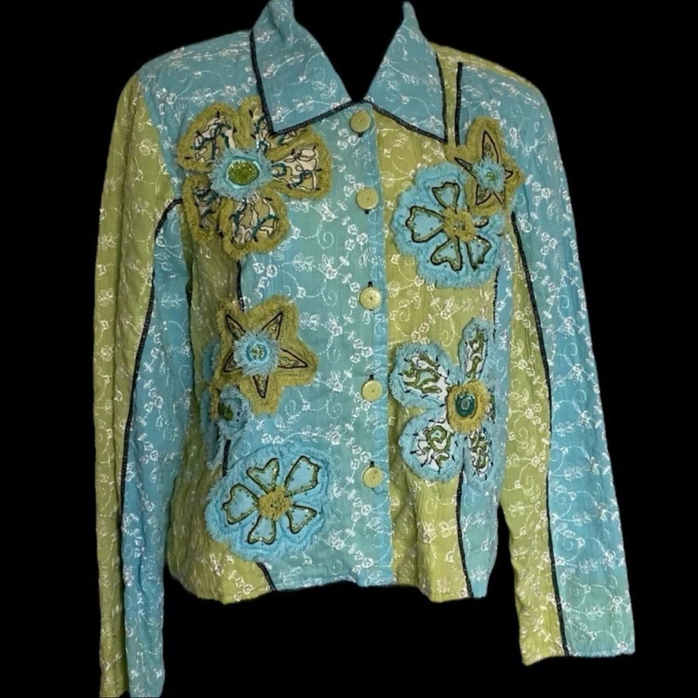 Yak Magic Green and Blue Blazer with Ornate Floral Embroidery size Large